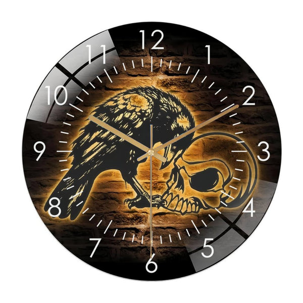 Decor Wall Clocks: Raven With Skull Glass Wall Clock,Crow Horror Bird Decoration  Wall Clock, for Homes, Bars, Offices, Man Caves, Garages, And Living Rooms. Halloween Nursery Decoration Man