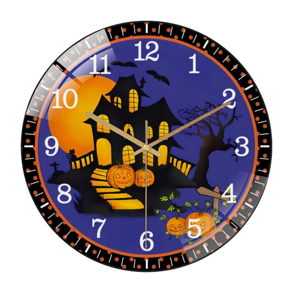 Decor Wall Clocks: Haunted House Halloween Glass Wall Clock,  Purple Orange Black Welcome Decor Wall Clock for Homes, Bars, Offices, Man Caves, Garages, And Living Rooms. Also Makes A Great Gift.