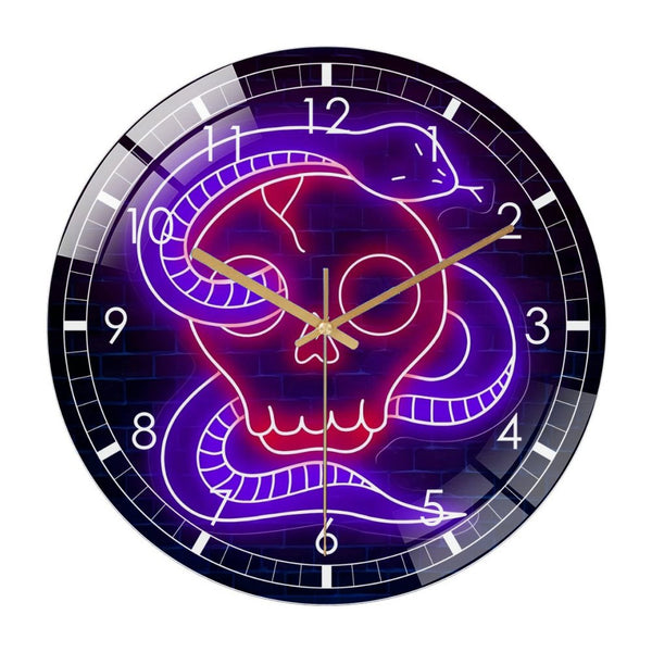 Decor Wall Clock: Skull Head  with Snake Glass Wall Clock– Personalized Wall Decor Glass Wall Clock for Haunted House & Party Decor for Homes, Bars, Offices, Man Caves, Garages, And Living Rooms .
