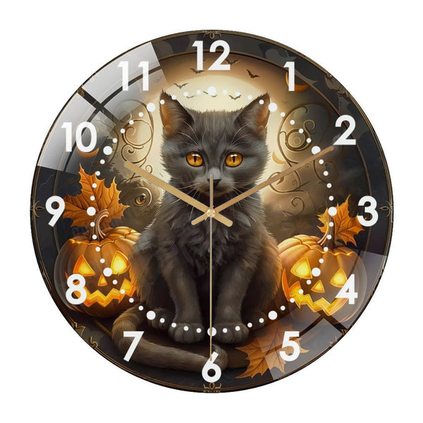 Decor Wall Clocks: Black Cat with Pumpkins  Glass Wall Clock ,Kitty Lover Gift Idea for Homes, Bars, Offices, Man Caves, Garages, And Living Rooms. Also Makes A Great Gift. Style 12×12inch