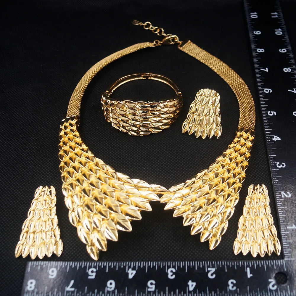 Gold Plated Necklace Earrings Pendant Feather Shape Bright Bracelet Ring Gift