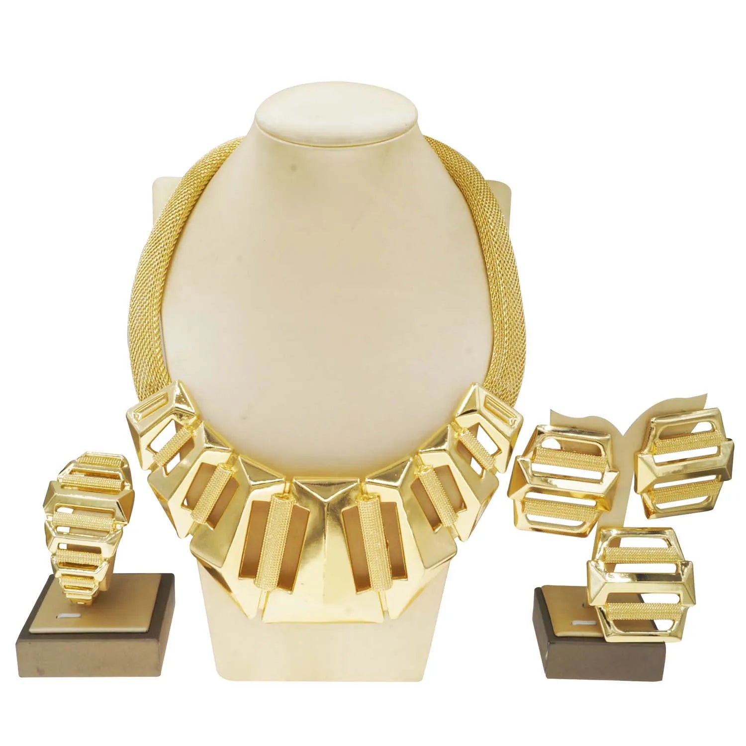 Dubai  Gold Color Glossy Necklace Earrings Bracelet Party Jewelry  Sets For Women