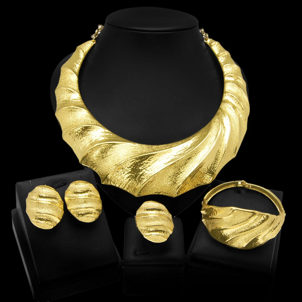 Dubai Gold Plated Jewelry Sets For Women Brazilian Original Fashion Trend Earrings Rings
