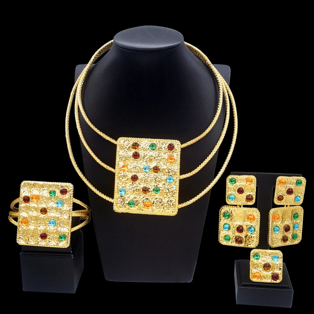 Brazil Gold Plated Pure Copper Material Artificial Gemstone Luxury Necklace Bracelet Gala Gifts