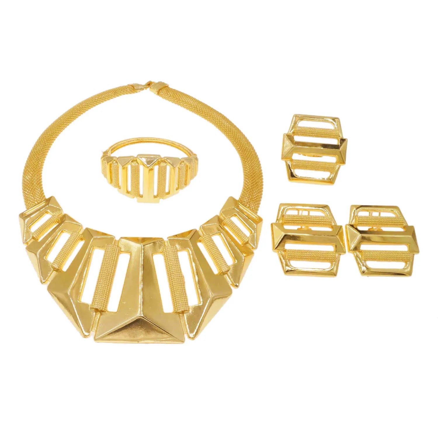 Dubai  Gold Color Glossy Necklace Earrings Bracelet Party Jewelry  Sets For Women