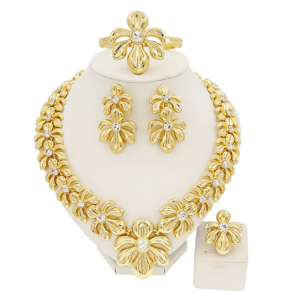 Italian Gold Plated Woman Necklace Jewelry Set Flower Bud Pendant