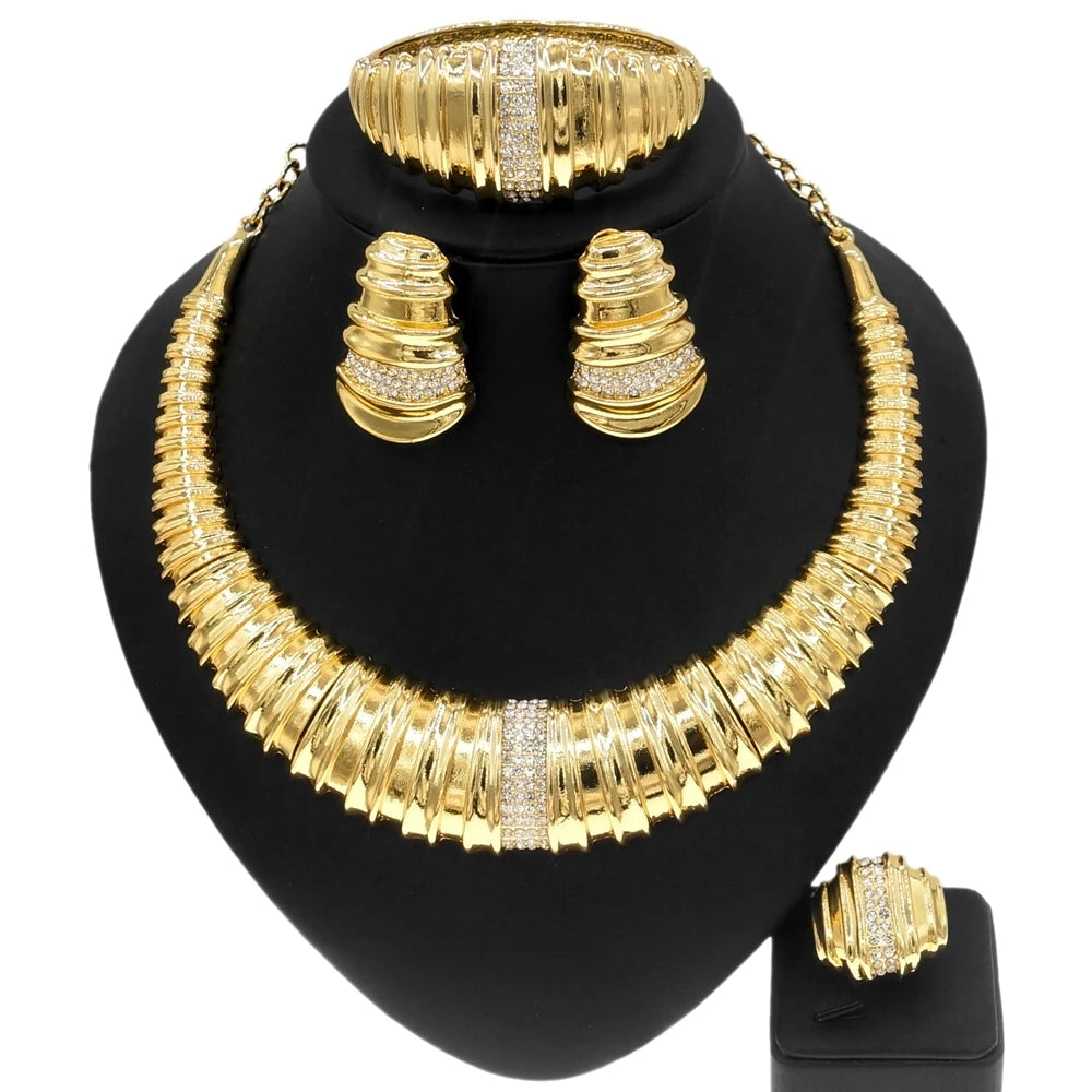 4PCS Women Gold Plated Jewelry Set Round Bone Shape Necklace