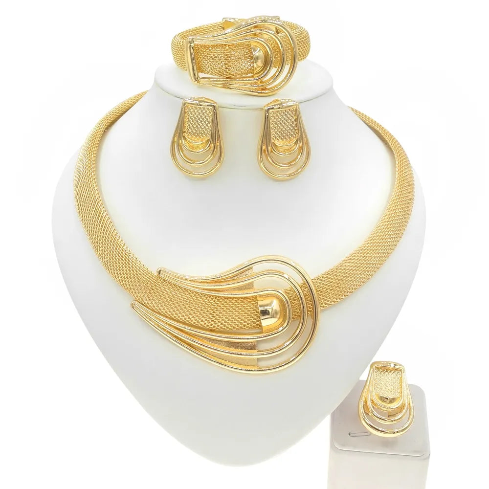 Fashion Woman Jewelry Set Round Necklace Dubai Gold Plated Earrings Bracelet