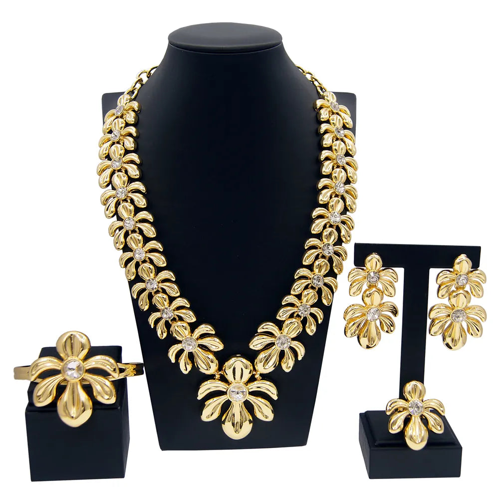Italian Gold Plated Woman Necklace Jewelry Set Flower Bud Pendant