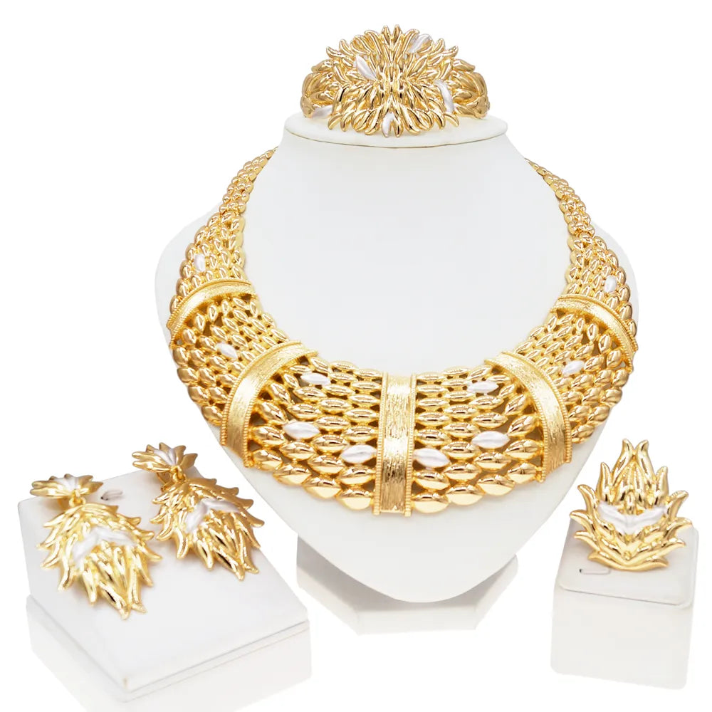 Woman Jewelry Set Italian Gold Plated Big Necklace Bracelet Ring