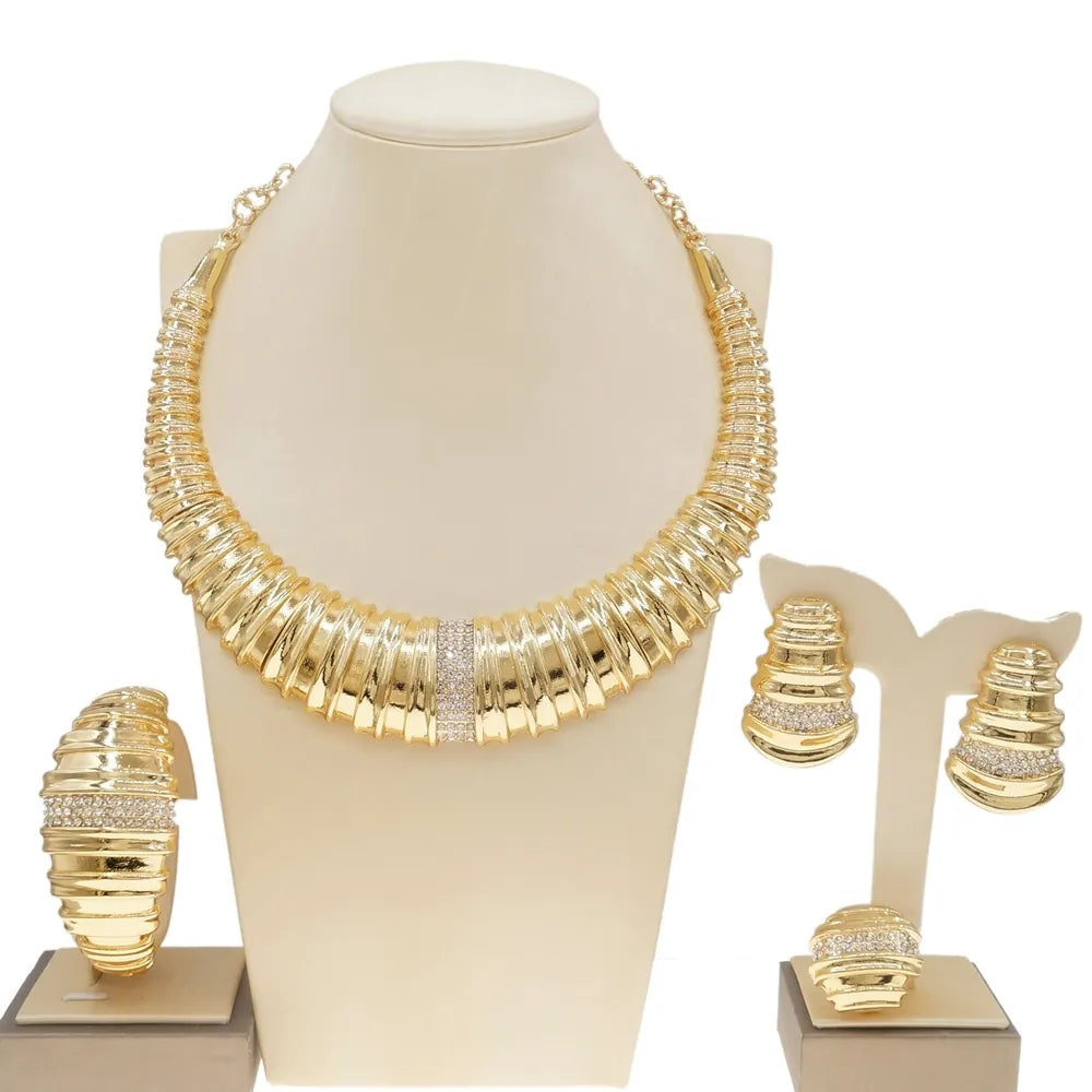 4PCS Women Gold Plated Jewelry Set Round Bone Shape Necklace