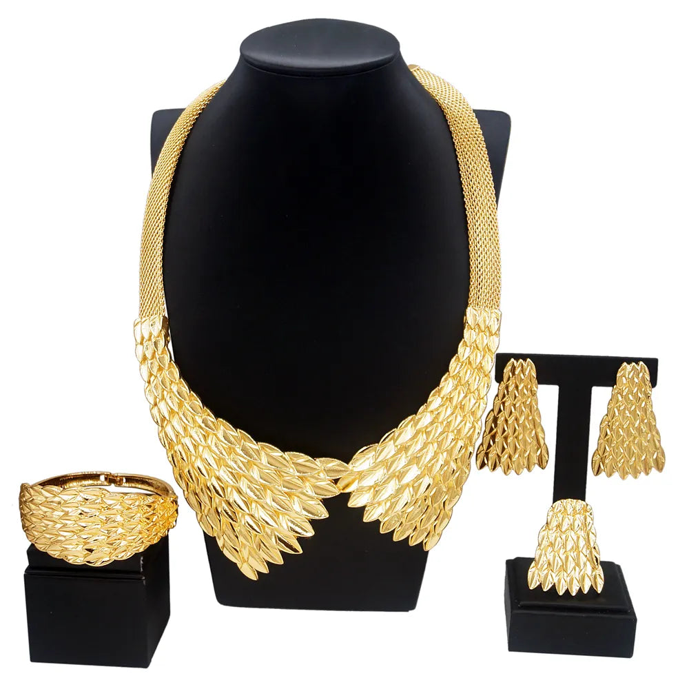 Gold Plated Necklace Earrings Pendant Feather Shape Bright Bracelet Ring Gift