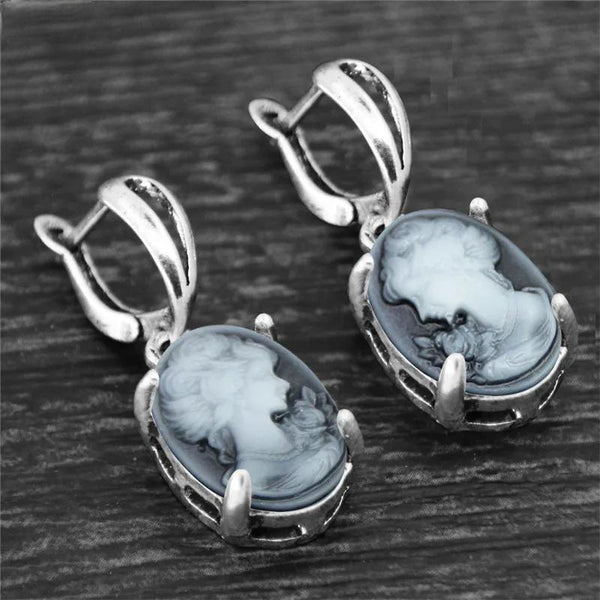 Pendientes vintage de camafeo ovalado para mujer con colgante de garra bañado en plata antigua