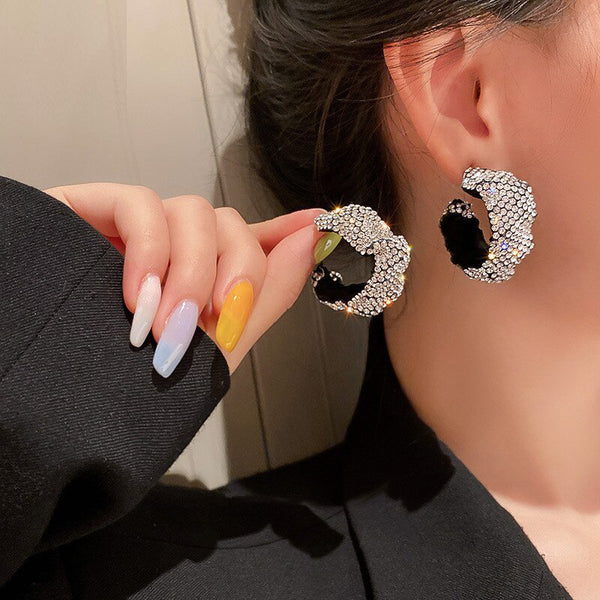 Pendientes de aro con diamantes de imitación blancos y negros, de terciopelo, geométricos, para mujer
