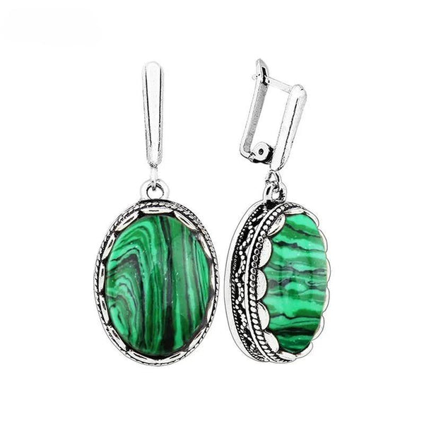 Flower Oval Malachite Dangle Earrings