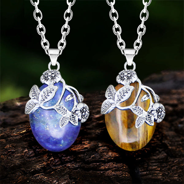 Collar con colgante de flor de piedra natural, lapislázuli y ojo de tigre para mujer