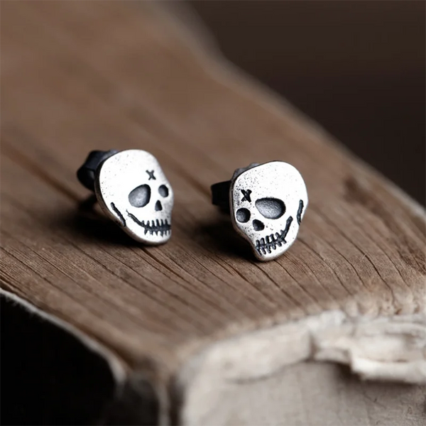 Pendiente de botón con calavera retro creativa de plata de ley 925 auténtica