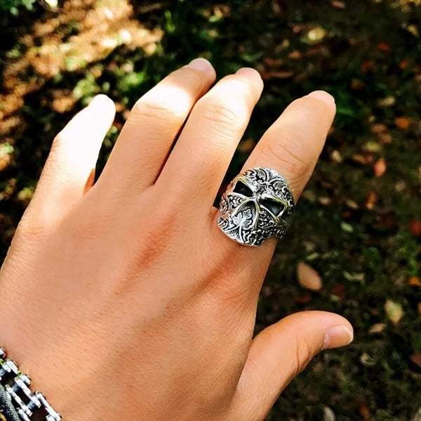 Anillo de calavera de azúcar de plata de ley 925 auténtica para hombre, ajustable, hecho a mano.