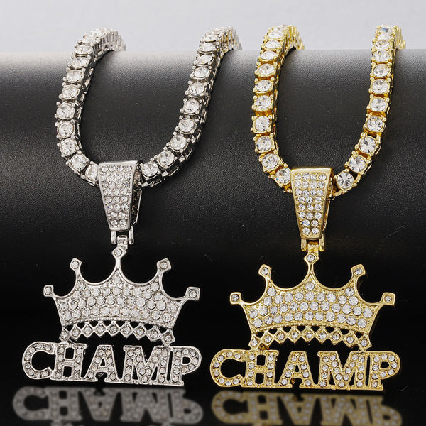 Iced Out CHAMP Crown Pendant Necklace Choker Chain Necklace