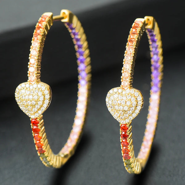 Pendientes de aro con forma de corazón de circonita cúbica micro multicolor