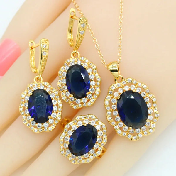 Geometric Gold Color Royal Blue Semi-precious Earrings Necklace Pendant Rings Gift