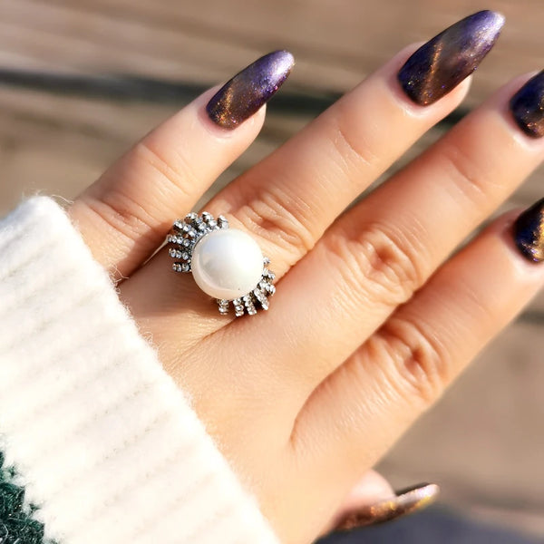 Anillos vintage de perla blanca y gris para mujer