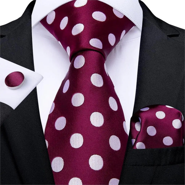 Corbata de regalo para hombre, color vino tinto, con lunares blancos, de seda para boda.