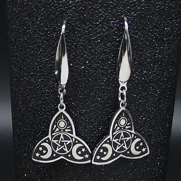 Pendientes de pentagrama para mujer, de acero inoxidable, con diseño de brujas, wicca, sol, triple luna y diosa.