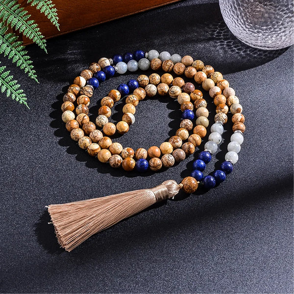Collar de cuentas de japamala, lapislázuli, labradorita y japamala de 8 mm para meditación y yoga para mujeres