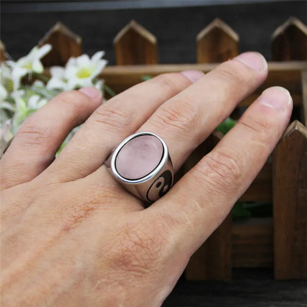 Anillos Yin y Yang de acero inoxidable con amatistas y cuarzo natural ovalado