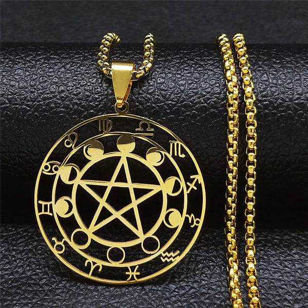 Witch Divination Pentagram Moon Phase Stainless Steel 12 Constellation Necklaces