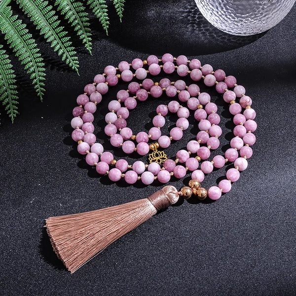 Collar de japamala anudado con cuentas de kunzita de 8 mm, 108 mala, rosario, conjunto de joyas para meditación y yoga