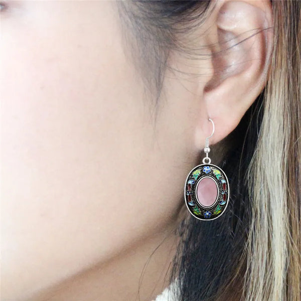 Pendientes vintage de cuarzo y lapislázuli ovalados para mujer