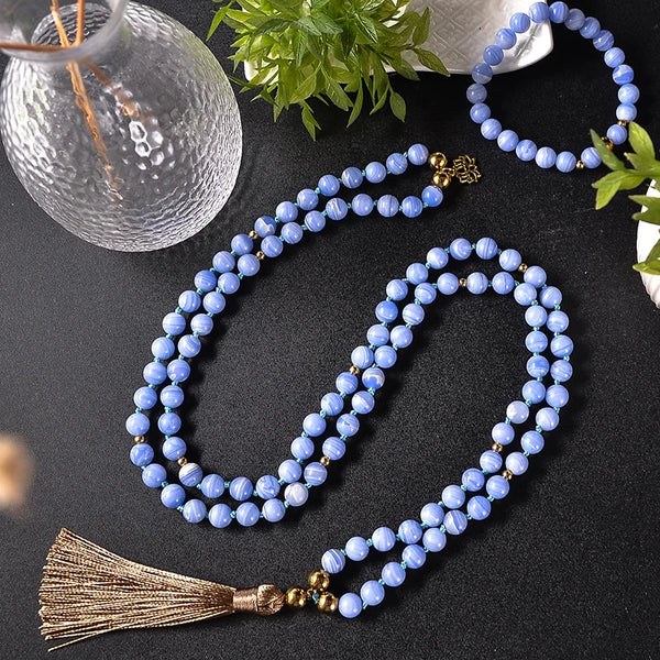 Collar anudado de cuentas de ágata morada de 8 mm para meditación, yoga y bendición, conjunto de joyas de japamala 108