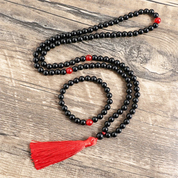 Conjuntos de japamala de ágata roja y ónix negro de piedra natural de 8 mm, joyería espiritual para meditación de yoga