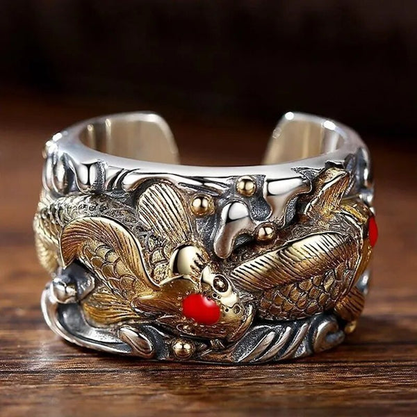 Nuevo anillo abierto retro con diseño de pez koi y peón de la fortuna para hombre