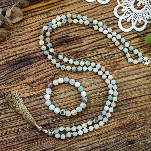 Collar anudado con cuentas de amazonita mate de 8 mm, 108 japa mala, colgante tibetano para meditación y yoga