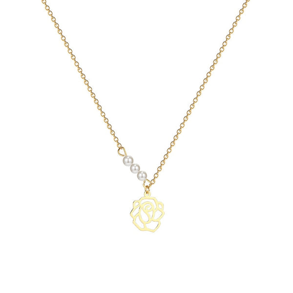 Simple Stainless Steel Hollow Flower Pearl Pendant Necklace for Women