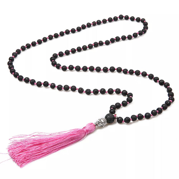 Collar anudado con cuentas de piedra de lava negra de 6 mm, ideal para meditación, yoga y bendiciones.