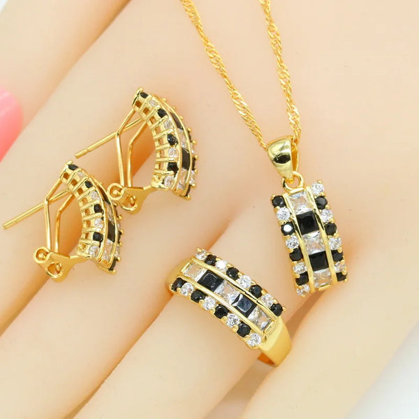 Geometric Black White Multi Zirconia Gold Color Jewelry Set for Women
