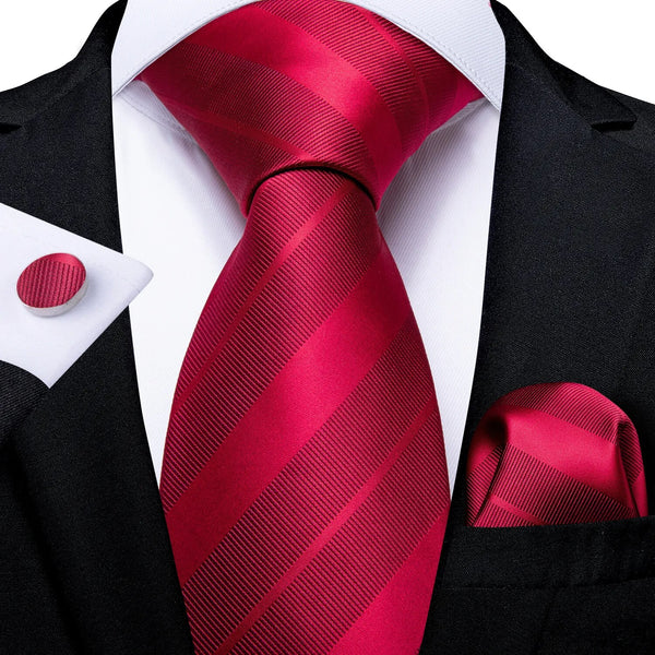 Mens Necktie Red Striped Silk Wedding Tie For Men Tie Hanky Cufflink Set