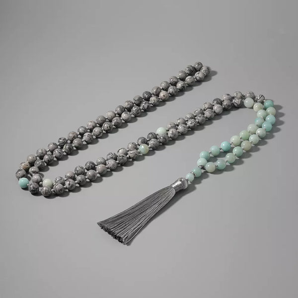 Collar anudado con cuentas de piedra de mapa y piedra Tianhe, 108 Malas, rosario de meditación