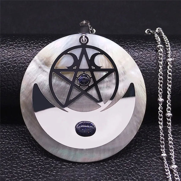 Collar con pentagrama de la diosa de la triple luna, wicca, natural
