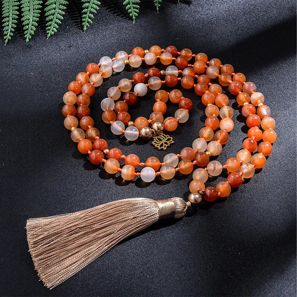 Collar de cuentas de japamala de ágata naranja de 8 mm para meditación, yoga, bendición espiritual