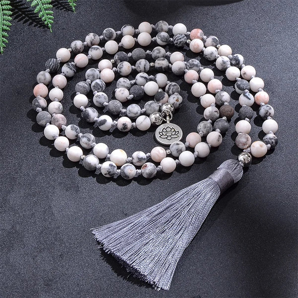 Collar anudado con cuentas de jaspe cebra rosa esmerilado de 8 mm, ideal para meditación, yoga y bendiciones, conjunto de joyas para mujer