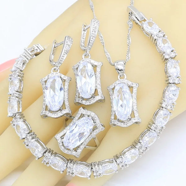 Silver 925  White Zircon Bridal Bracelet Earrings Necklace Pendant Rings Gift Box
