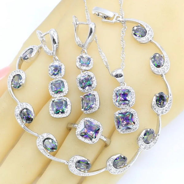 Rainbow Multicolor Zircon Bracelet Necklace Pendant Earrings Ring Gift Box