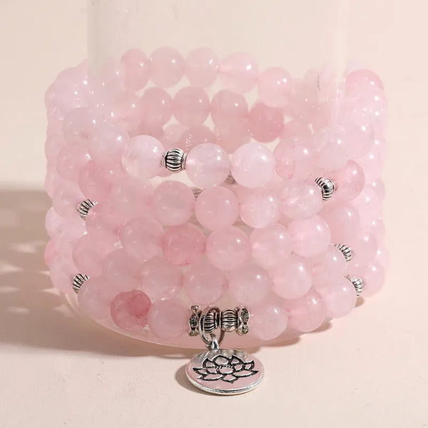 Pulsera elástica de 8 mm con cuentas de cuarzo rosa 108 Mala, ideal para yoga y oración.