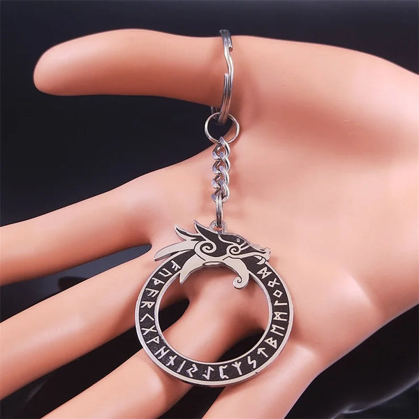 Llavero de acero inoxidable con letras vikingas de adivinación y dragón, color plateado, para mujer y hombre.