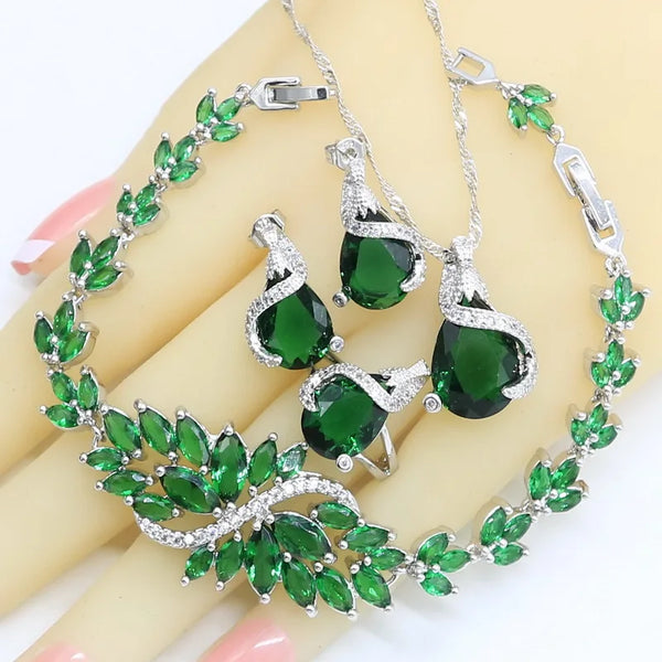 Green Zirconia Stud Earrings Necklace Pendant Bracelet Ring Gift